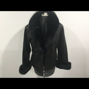 Womens Leather Jacket Fox Fur Trim med